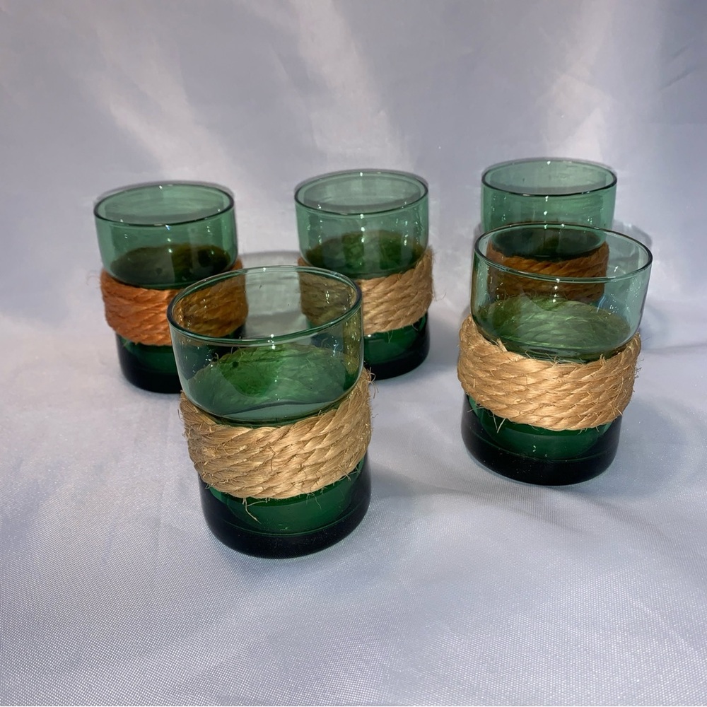 5 Green Glasses Twine Rope Accents 5 oz. Aperitif Shot Drinking Glasses
